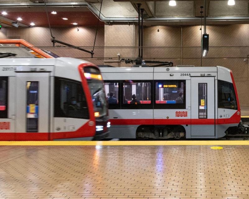 Two Light Rail Vehicles at a Station Platform